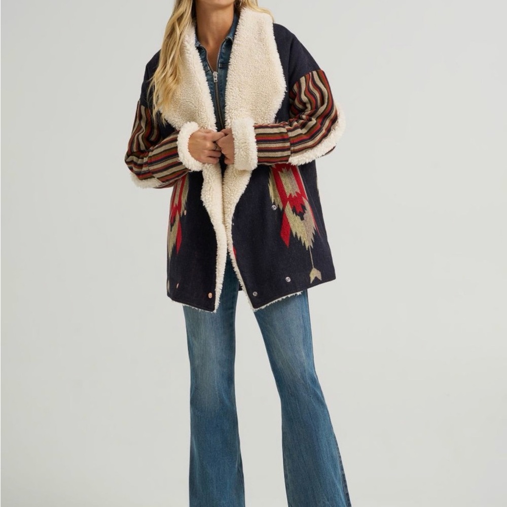 Tribal Patterned Jacket with Shearling Collar
